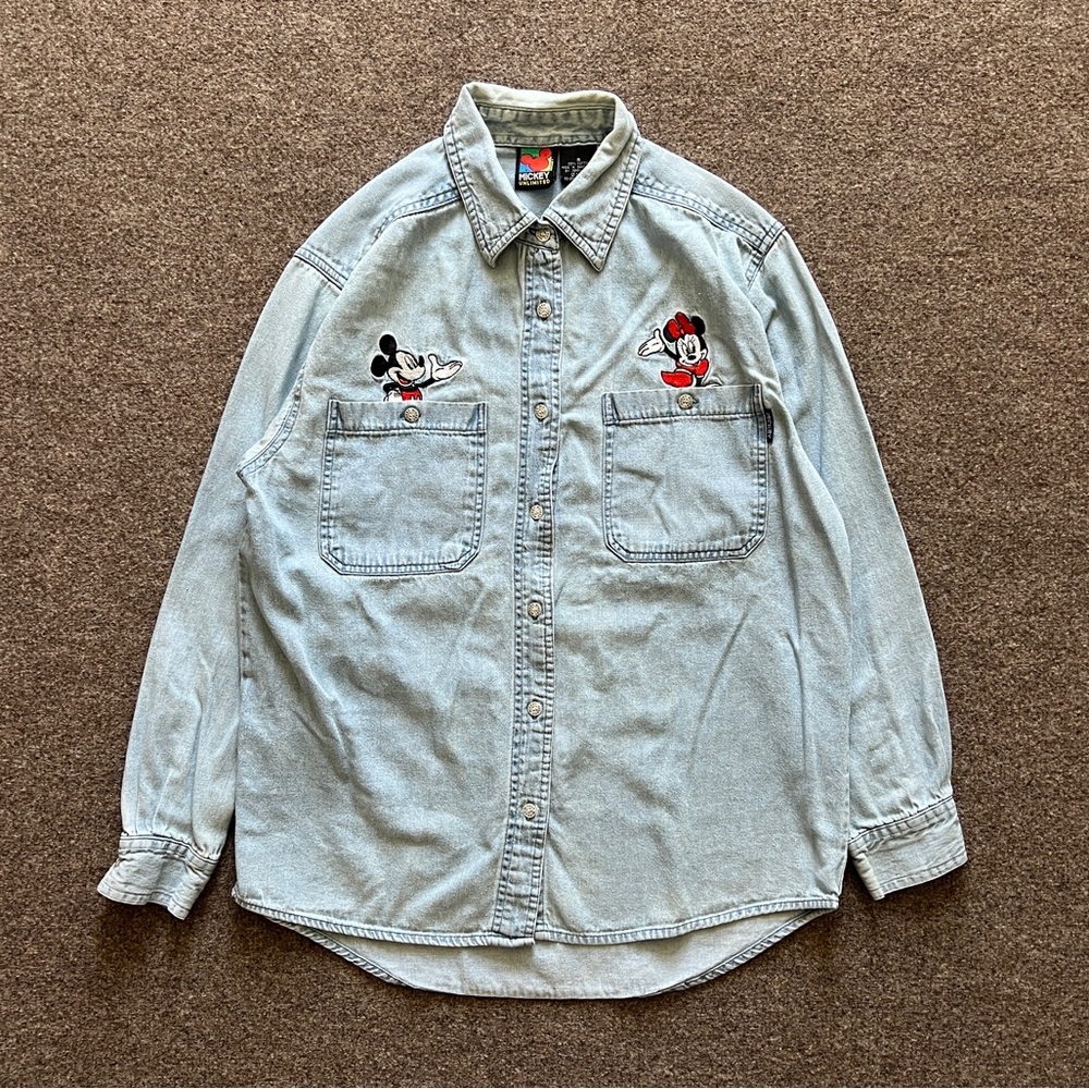 Vintage 90s Disney Mickey Minnie Mouse Embroidered Denim Button Up Shirt Women S